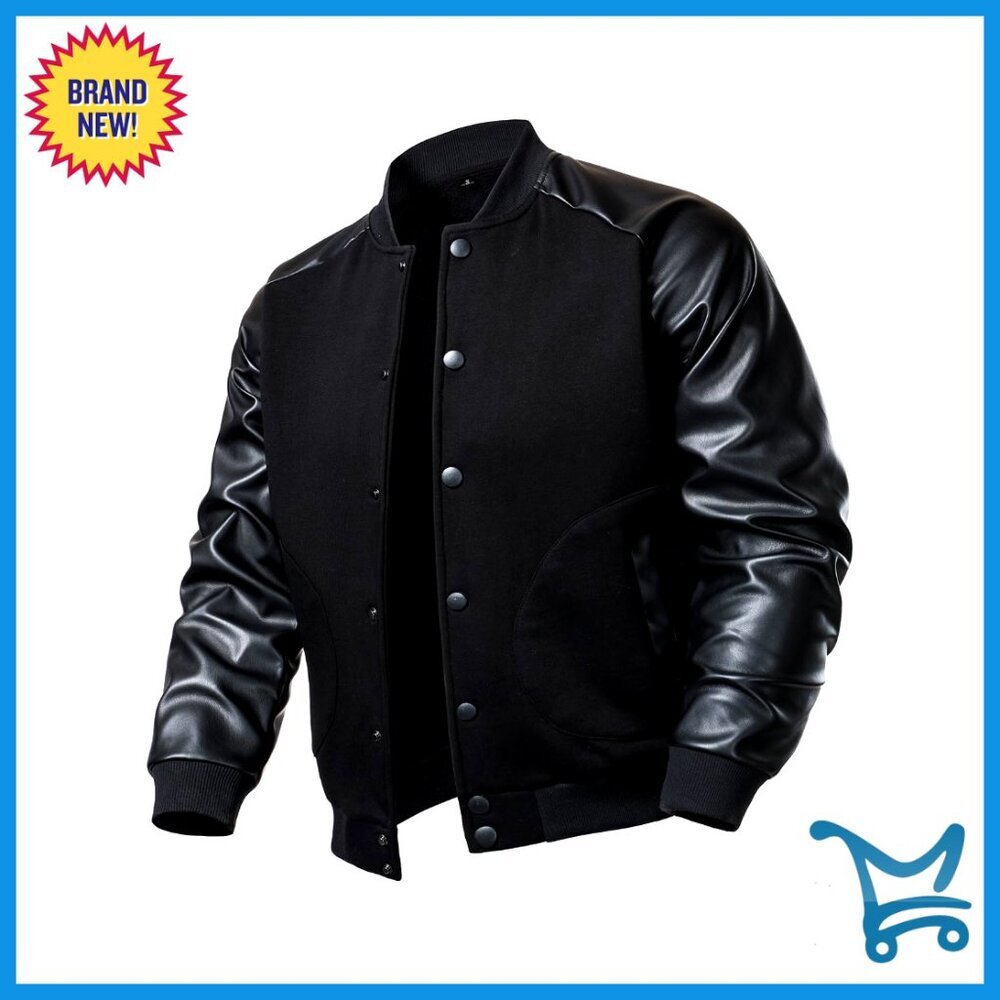 Men's Varsity Baseball Jacket Cotton Blend Faux Leather Sleeve Bomber Coat